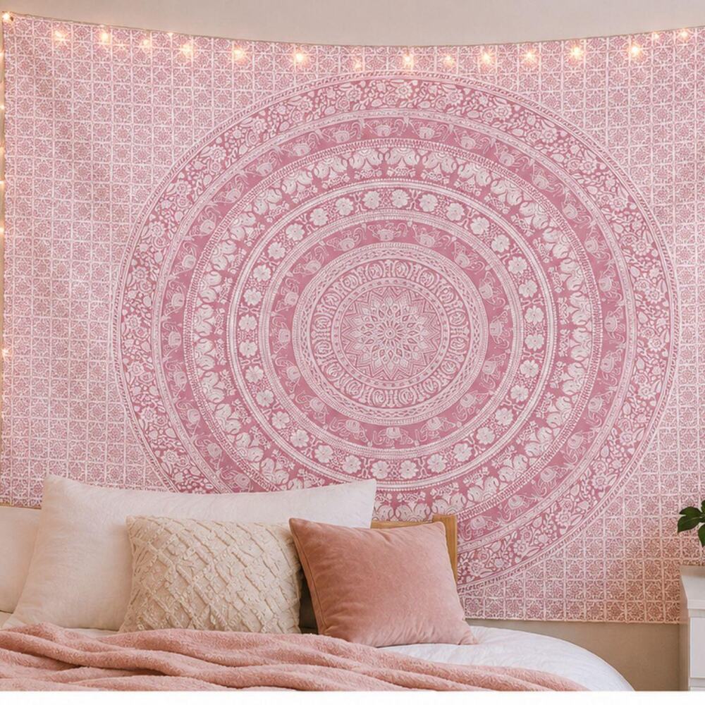 Pink & White Mandala Boho Wall Tapestry – Elephant Floral Design